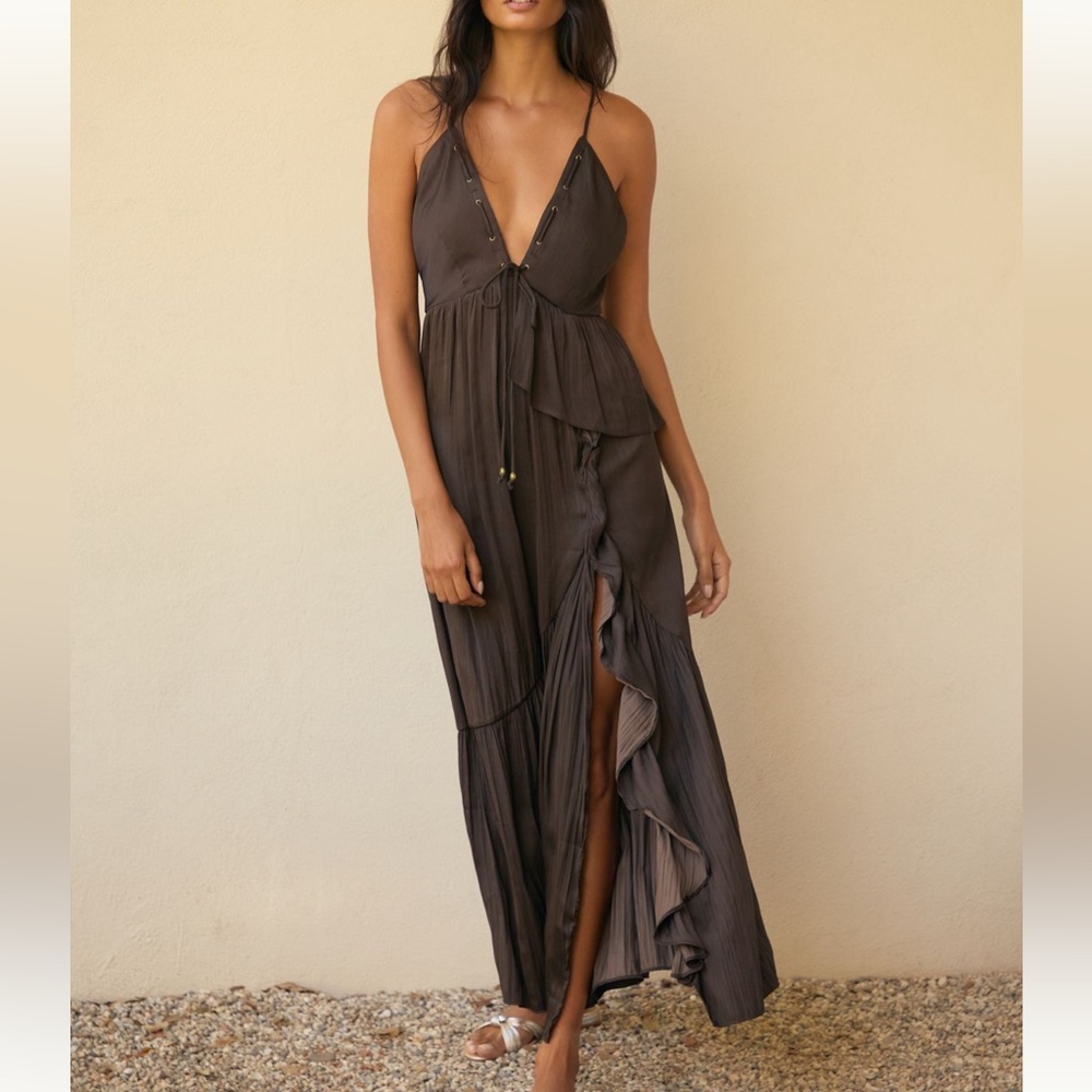Anthropologie silk Dark Brown Ruffle Dress